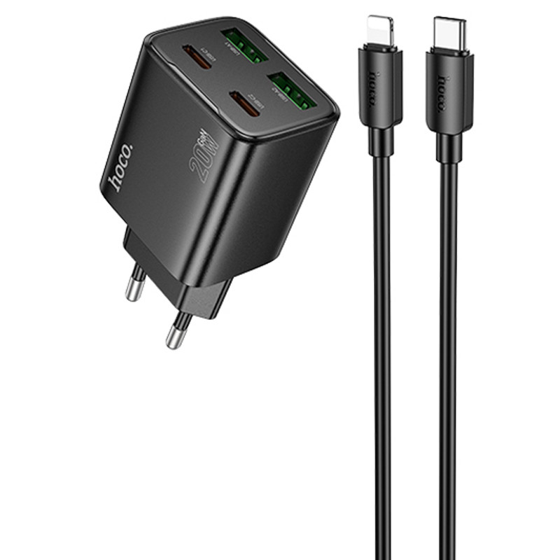 Мережевий зарядний пристрій Hoco N55 Fundador PD20W+QC3.0 (2USB-A/2C) + кабель Type-C to Lightning