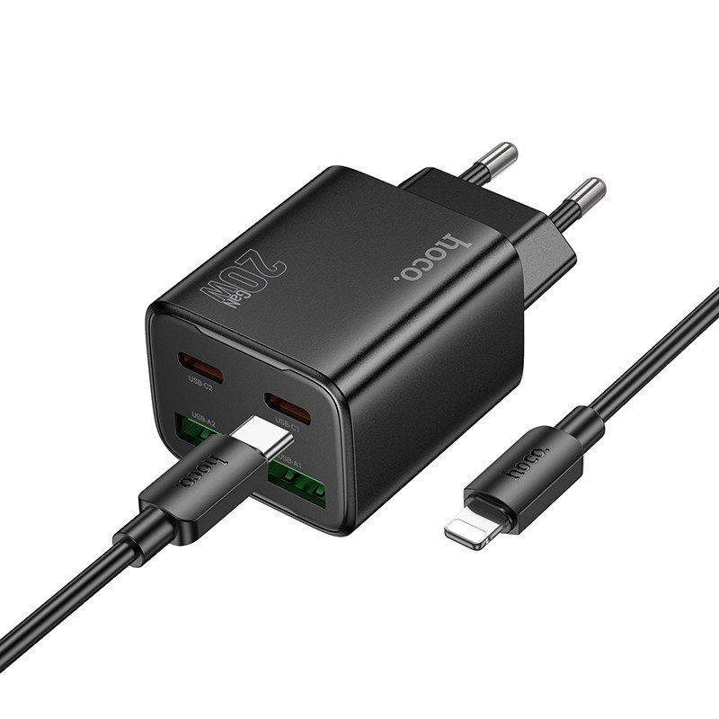 Мережевий зарядний пристрій Hoco N55 Fundador PD20W+QC3.0 (2USB-A/2C) + кабель Type-C to Lightning - Зображення 2