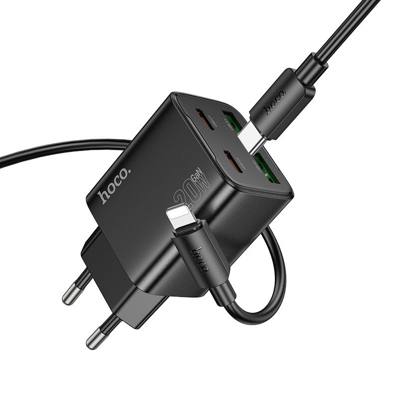 Мережевий зарядний пристрій Hoco N55 Fundador PD20W+QC3.0 (2USB-A/2C) + кабель Type-C to Lightning - Зображення 4
