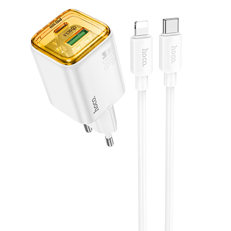Мережевий зарядний пристрій Hoco N53 Monsoon PD30W+QC3.0 (1USB-A/1C) + кабель Type-C to Lightning
