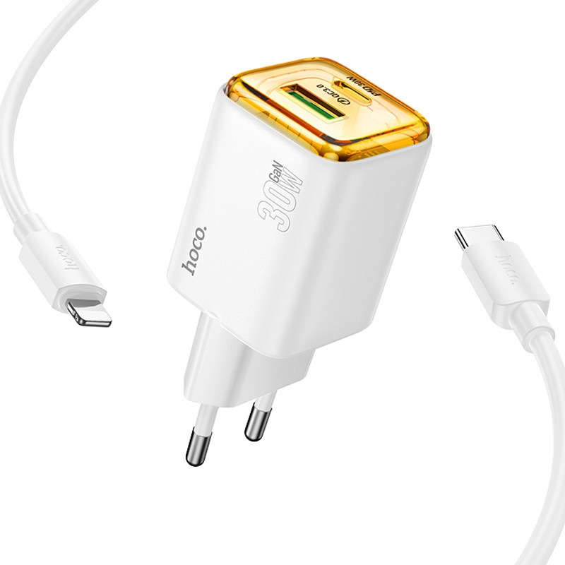 Мережевий зарядний пристрій Hoco N53 Monsoon PD30W+QC3.0 (1USB-A/1C) + кабель Type-C to Lightning - Зображення 2
