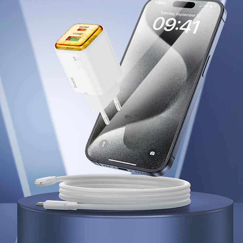 Мережевий зарядний пристрій Hoco N53 Monsoon PD30W+QC3.0 (1USB-A/1C) + кабель Type-C to Lightning - Зображення 3