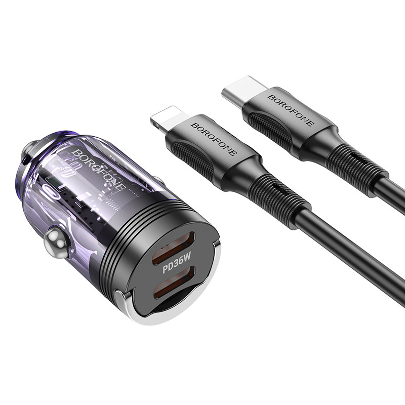 Автомобільний зарядний пристрій Borofone BZ29B Outstanding PD36W (2USB-C) + кабель Type-C to Lightning