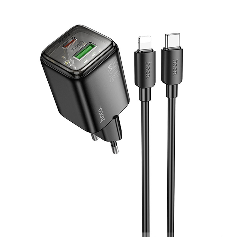 Мережевий зарядний пристрій Hoco N53 Monsoon PD30W+QC3.0 (1USB-A/1C) + кабель Type-C to Lightning