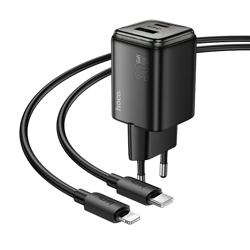 Мережевий зарядний пристрій Hoco N53 Monsoon PD30W+QC3.0 (1USB-A/1C) + кабель Type-C to Lightning - Зображення 2