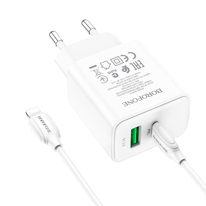 Мережевий зарядний пристрій Borofone BA67A PD20W+QC3.0 (1USB-A/1C) + кабель Type-C to Lightning - Зображення 2
