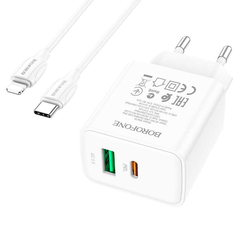Мережевий зарядний пристрій Borofone BA67A PD20W+QC3.0 (1USB-A/1C) + кабель Type-C to Lightning - Зображення 3