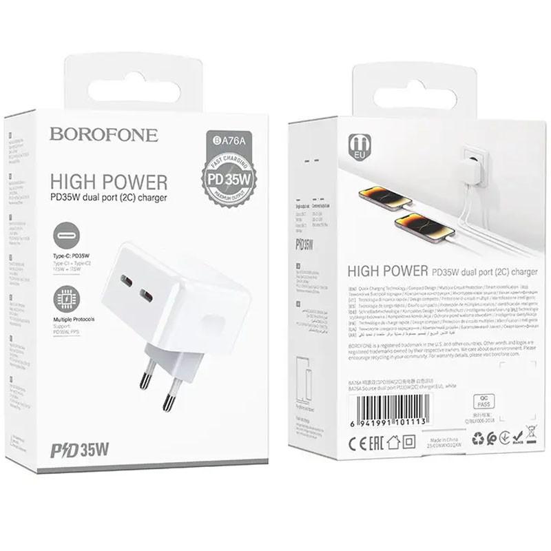 Мережевий зарядний пристрій Borofone BA76A Source PD35W (2USB-C) - Зображення 6