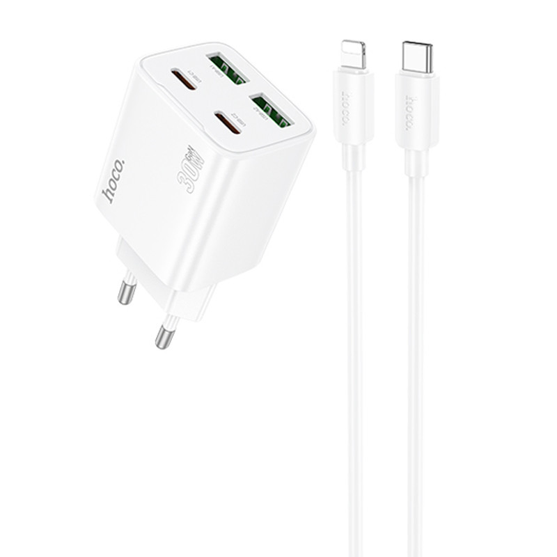 Мережевий зарядний пристрій Hoco N56 Fundador PD30W+QC3.0 (2USB-A/2C) + кабель Type-C to Lightning