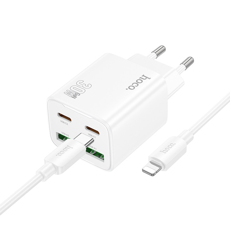 Мережевий зарядний пристрій Hoco N56 Fundador PD30W+QC3.0 (2USB-A/2C) + кабель Type-C to Lightning - Зображення 2