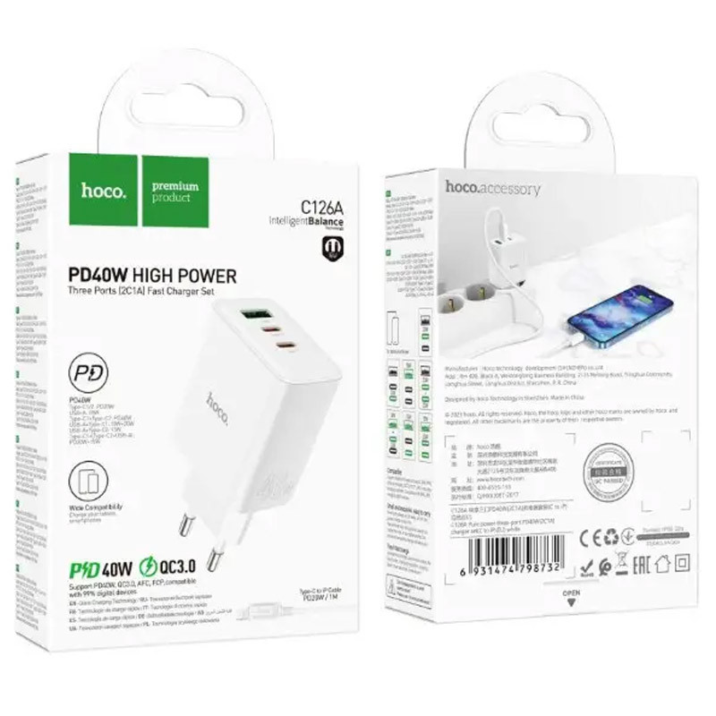 Мережевий зарядний пристрій Hoco C126A PD40W+QC3.0 (1USB/2Type-C) - Зображення 5