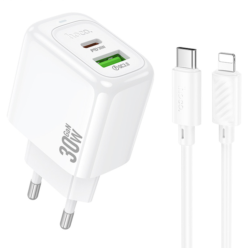 Мережевий зарядний пристрій Hoco CS55A Surplus PD30W+QC3.0 (1USB-A/1C) + кабель Type-C to Lightning