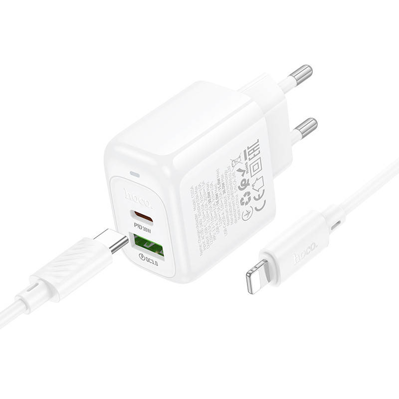 Мережевий зарядний пристрій Hoco CS55A Surplus PD30W+QC3.0 (1USB-A/1C) + кабель Type-C to Lightning - Зображення 3