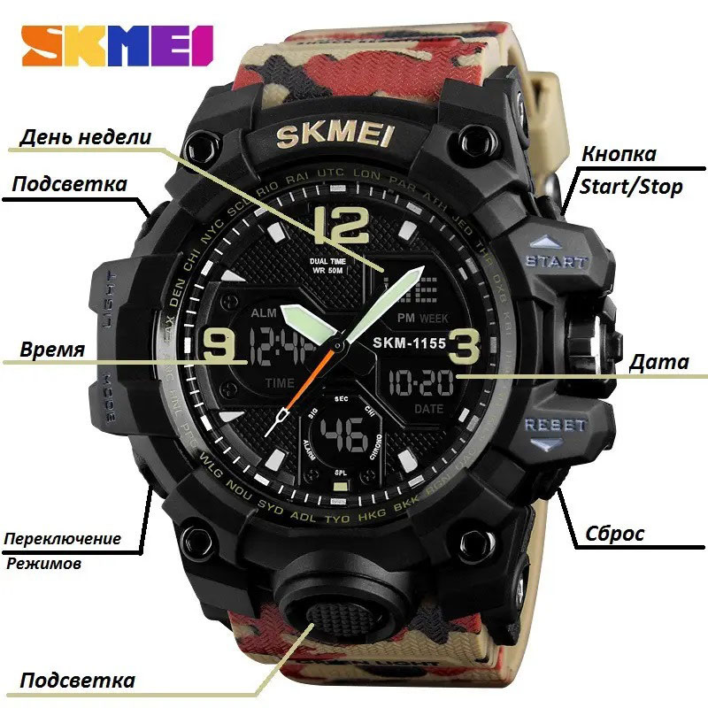 Наручний годинник SKMEI 1155BAG червоний камуфляж для чоловіка - Зображення 5