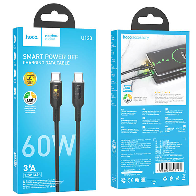 Дата кабель Hoco U120 Transparent explore intelligent power-off PD 60W Type-C to Type-C (1.2m) - Зображення 6