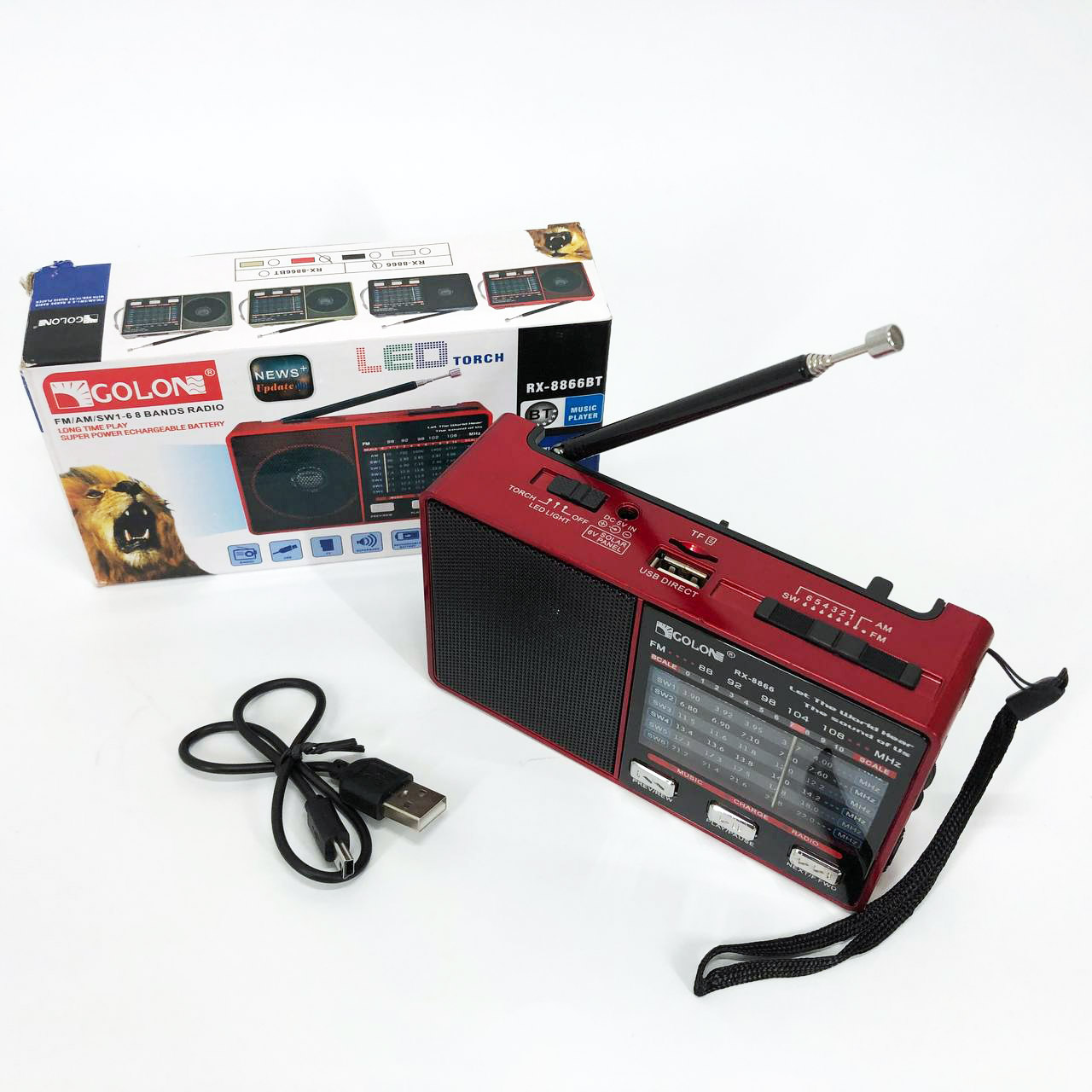 Радіо GOLON RX-8866 з ліхтариком і Power Bank червоного кольору - Зображення 5