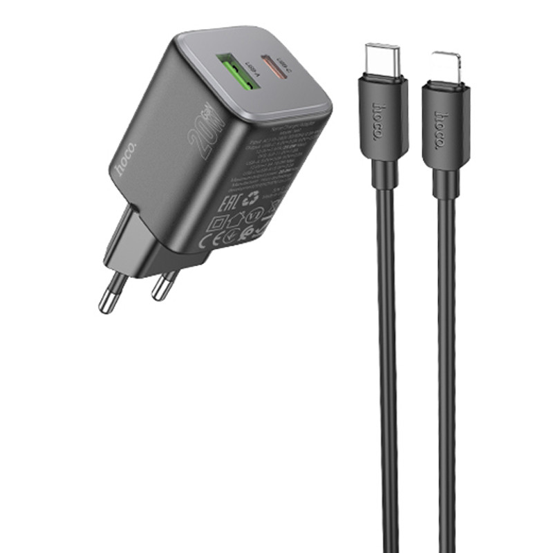Мережевий зарядний пристрій Hoco N41 Almighty PD20W+QC3.0 (1USB-A/1C) + кабель Type-C to Lightning