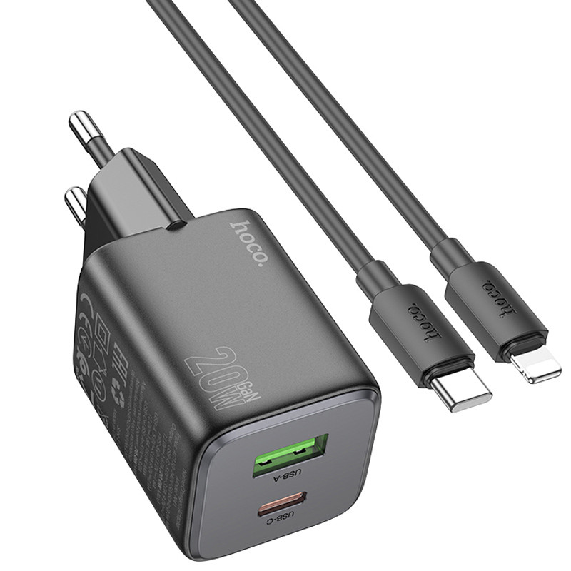 Мережевий зарядний пристрій Hoco N41 Almighty PD20W+QC3.0 (1USB-A/1C) + кабель Type-C to Lightning - Зображення 4