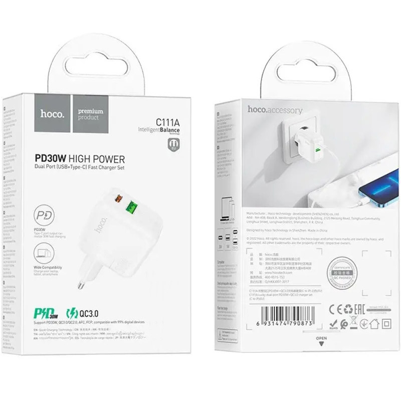Мережевий зарядний пристрій Hoco C111A PD30W+QC3.0 (1USB-A/1C) - Зображення 4