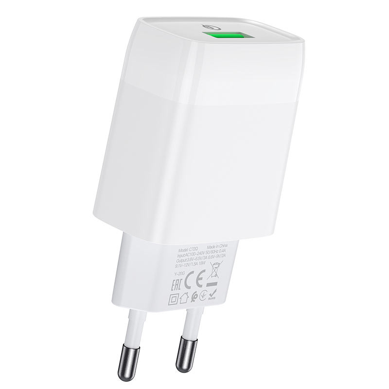 Мережевий зарядний пристрій Hoco C72Q Glorious QC3.0 18W (1USB-A) + кабель USB to Type-C - Зображення 3