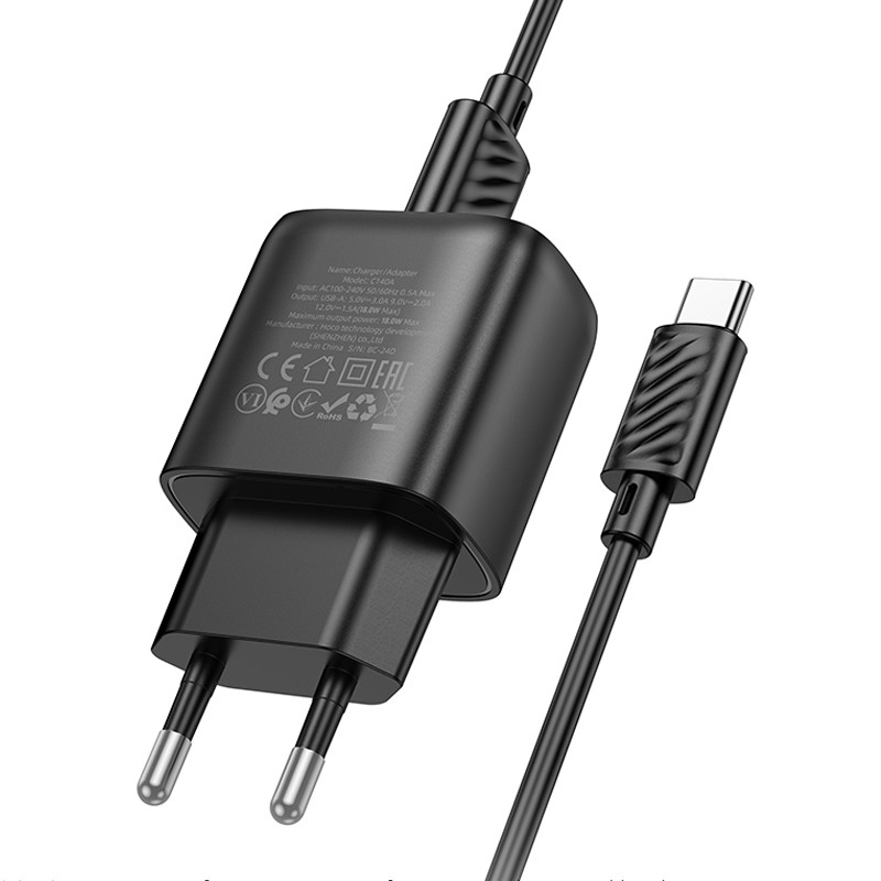 Мережевий зарядний пристрій Hoco C140A Smart QC3.0 18W (1USB-A) + кабель USB to Type-C - Зображення 4