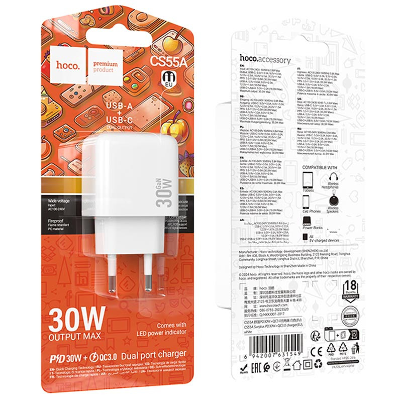 Мережевий зарядний пристрій Hoco CS55A Surplus PD30W+QC3.0 (1USB-A/1C) - Зображення 6