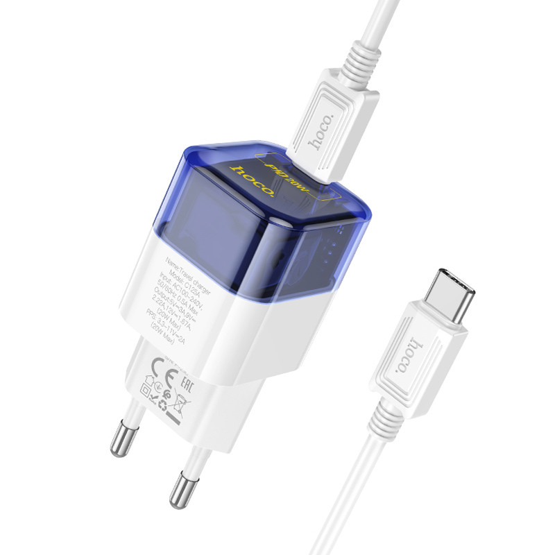 Мережевий зарядний пристрій Hoco C125A Transparent PD20W (1USB-C) + кабель Type-C to Type-C - Зображення 3