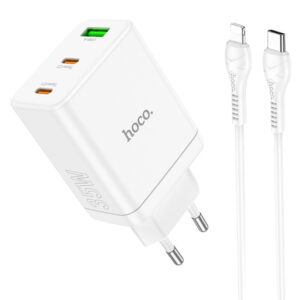 Мережевий зарядний пристрій Hoco N33 Start PD35W (1USB-A/2C) + кабель Type-C to Lightning