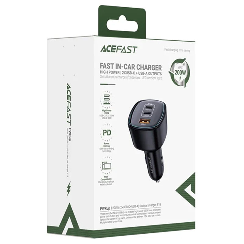 Автомобільний зарядний пристрій Acefast B18 PD100W+QC3.0 total 200W (1USB-A/2C) - Зображення 5