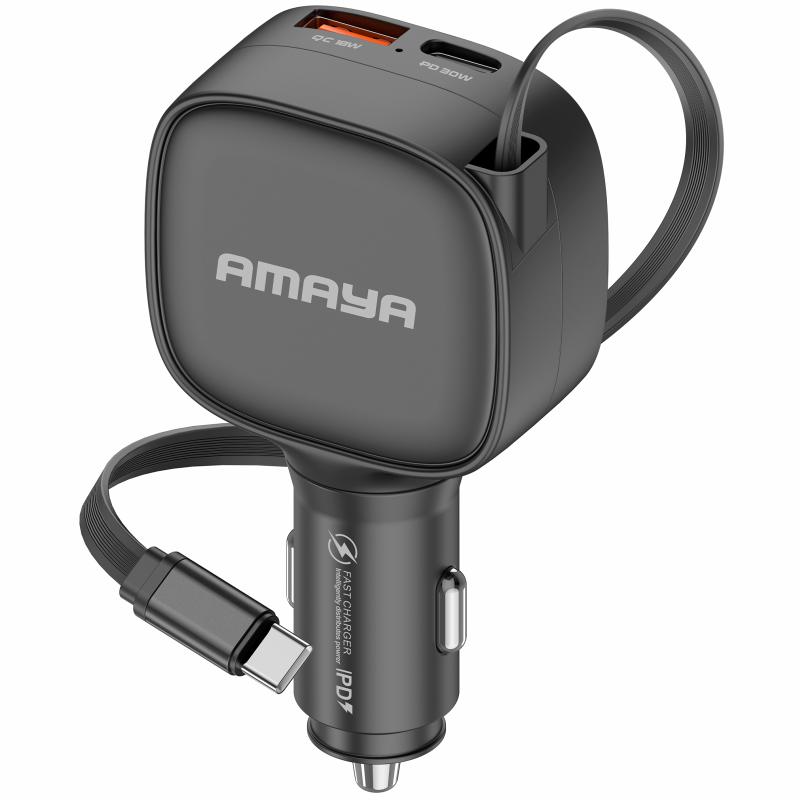 Автомобільний зарядний пристрій Amaya ACC-12C PD57.5W+QC3.0 total 84W (1USB-A/1C) with retractable cable Type-C