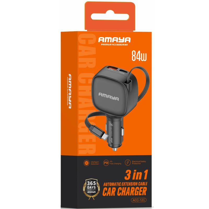 Автомобільний зарядний пристрій Amaya ACC-12C PD57.5W+QC3.0 total 84W (1USB-A/1C) with retractable cable Type-C - Зображення 2