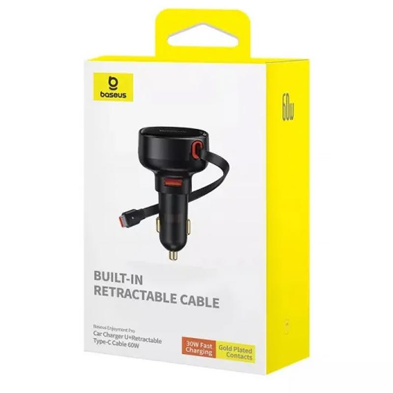 Автомобільний зарядний пристрій Baseus Enjoyment Pro PD60W+QC3.0 with retractable cable (1USB-A/1C) (C000578) - Зображення 2