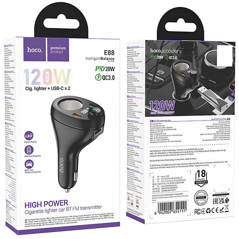 Автомобільний зарядний пристрій FM модулятор Hoco E88 Star cigarette lighter+PD20W+QC3.0 total 120W (2USB-C) - Зображення 6