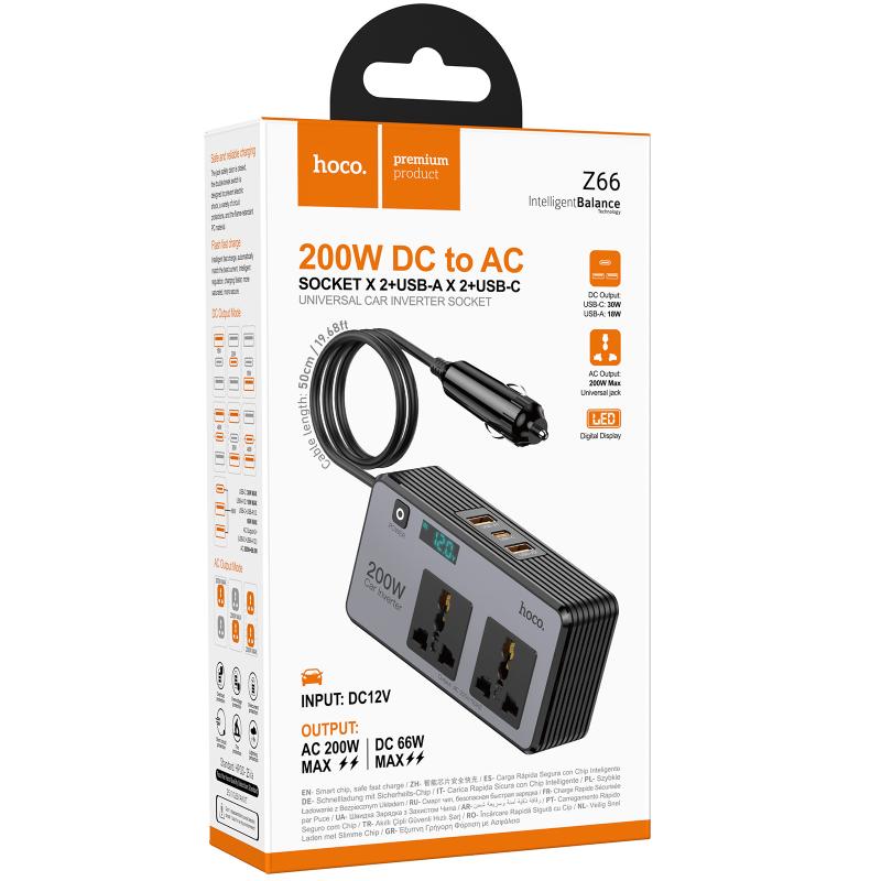 Автомобільний зарядний пристрій інвертор Hoco Z66 New PD66W+QC3.0 (2USB-A/1C/2xSocket) (0.5m) - Зображення 2
