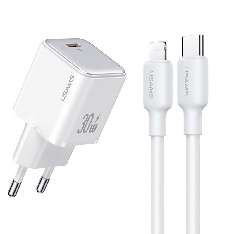 Мережевий зарядний пристрій Usams US-CC186 PD30W (1USB-C) + кабель Type-C to Lightning