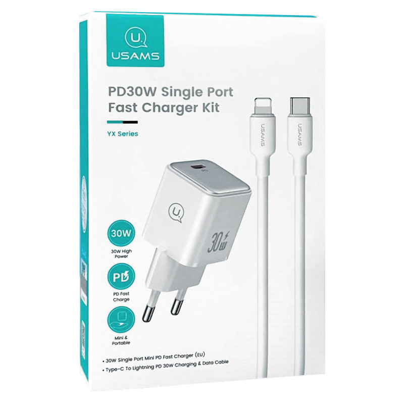 Мережевий зарядний пристрій Usams US-CC186 PD30W (1USB-C) + кабель Type-C to Lightning - Зображення 5