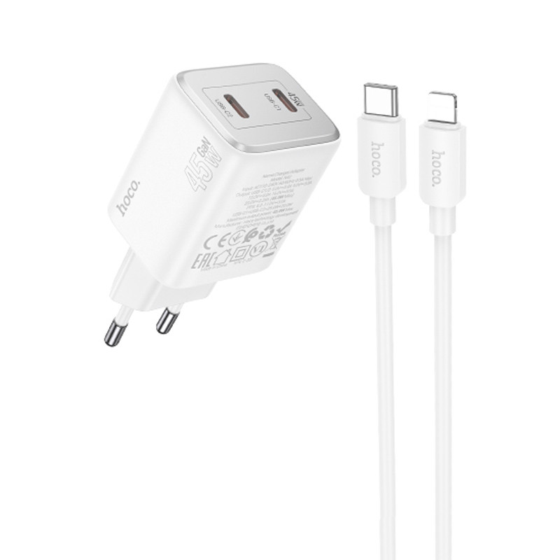 Мережевий зарядний пристрій Hoco N42 Elogiado PD45W (2USB-C) + кабель Type-C to Lightning