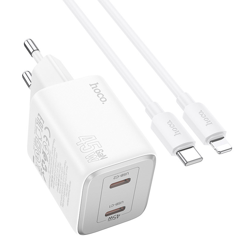 Мережевий зарядний пристрій Hoco N42 Elogiado PD45W (2USB-C) + кабель Type-C to Lightning - Зображення 2