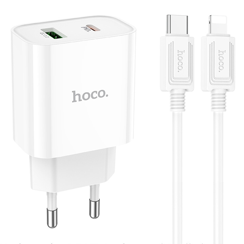 Мережевий зарядний пристрій Hoco C80A Plus Rapido PD20W+QC3.0 (1USB-A/1C) + кабель Type-C to Lightning