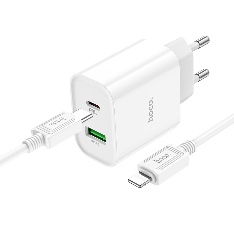 Мережевий зарядний пристрій Hoco C80A Plus Rapido PD20W+QC3.0 (1USB-A/1C) + кабель Type-C to Lightning - Зображення 2