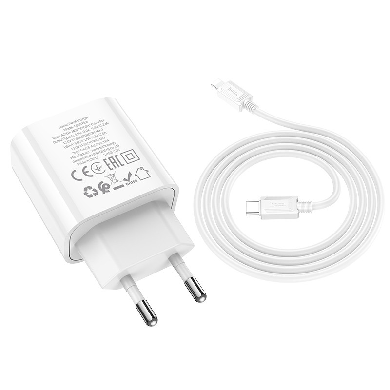 Мережевий зарядний пристрій Hoco C80A Plus Rapido PD20W+QC3.0 (1USB-A/1C) + кабель Type-C to Lightning - Зображення 5