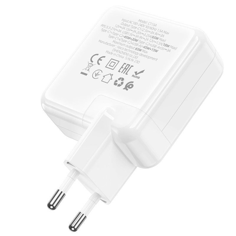 Мережевий зарядний пристрій Hoco C115A Header PD65W+QC3.0 (1USB-A/2C) - Зображення 4