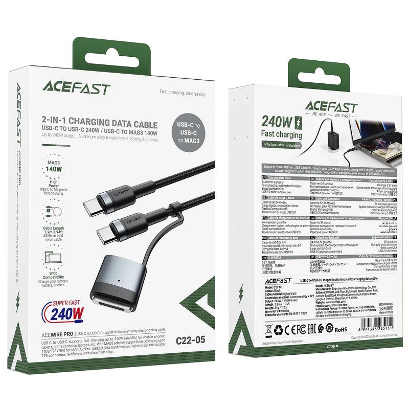 Дата кабель Acefast C22-05 2in1 Type-C to Type-C 240W/MAG3 140W (1.2m) - Зображення 4