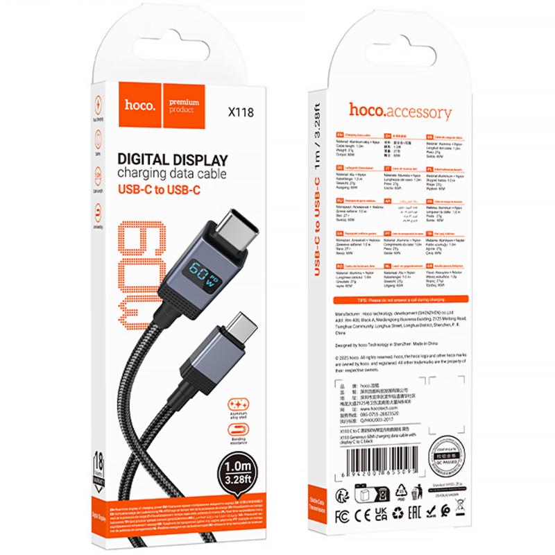 Дата кабель Hoco X118 Generous with display Type-C to Type-C 60W (1m) - Зображення 5