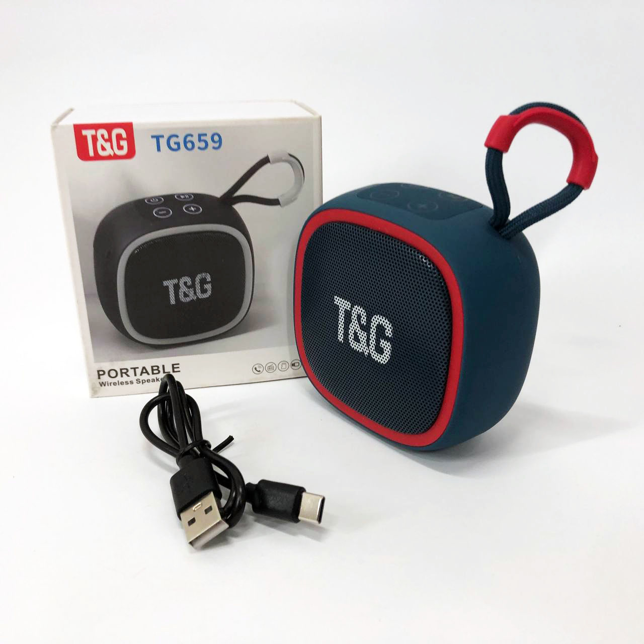 Портативна Bluetooth-колонка TG659 з ремінцем синього кольору та підсвічуванням