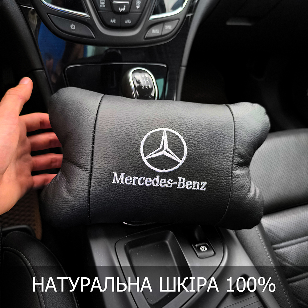Набір Мерседес 2 шт подушки на підголівник для авто з натуральною шкірою логотип Mercedes-Benz - Зображення 2