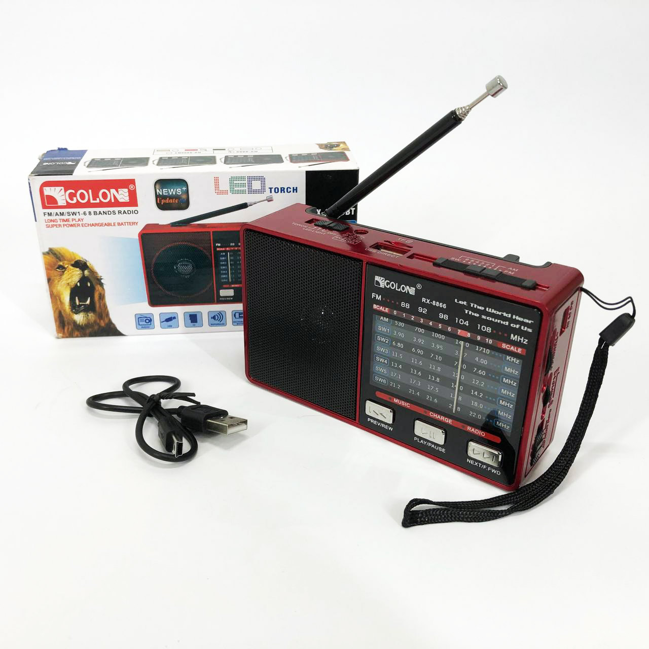 Радіо GOLON RX-8866 з ліхтариком і Power Bank червоного кольору - Зображення 4