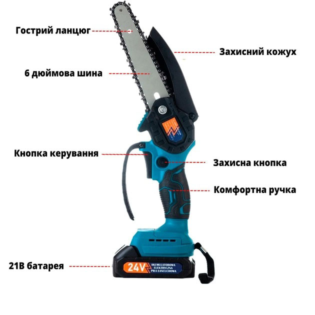 Акумуляторна ланцюгова міні пила 6" (15 см) Domotec 24V для обрізання дерев та розпилу дров, по дереву - Зображення 5
