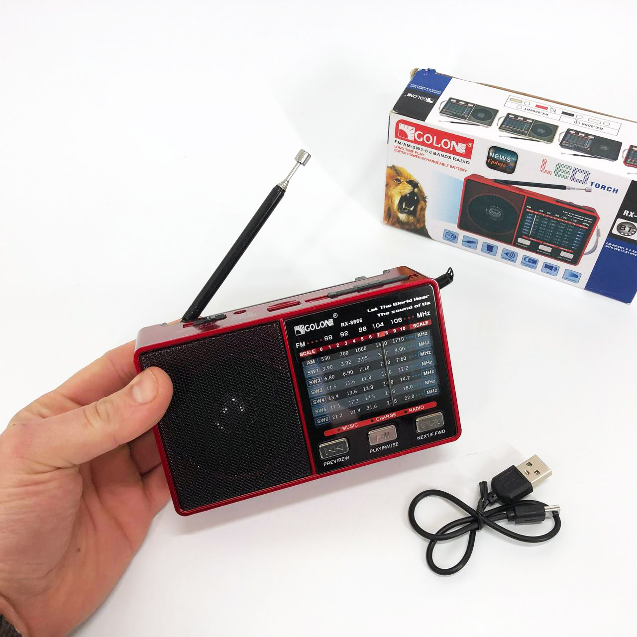 Радіо GOLON RX-8866 з ліхтариком і Power Bank червоного кольору - Зображення 2