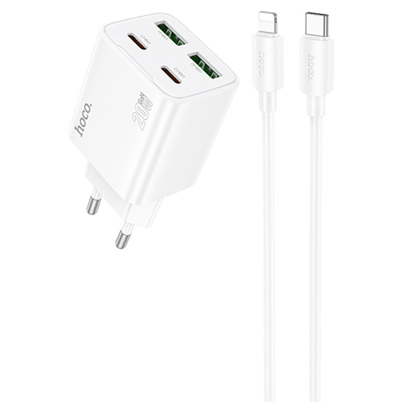 Мережевий зарядний пристрій Hoco N55 Fundador PD20W+QC3.0 (2USB-A/2C) + кабель Type-C to Lightning